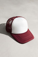 Rope-Trim Panelled Mesh Trucker Cap with Top Button in White And Dark Red - product detail view