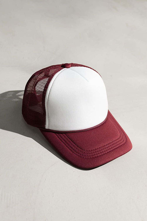 Rope-Trim Panelled Mesh Trucker Cap with Top Button in White And Dark Red - product detail view