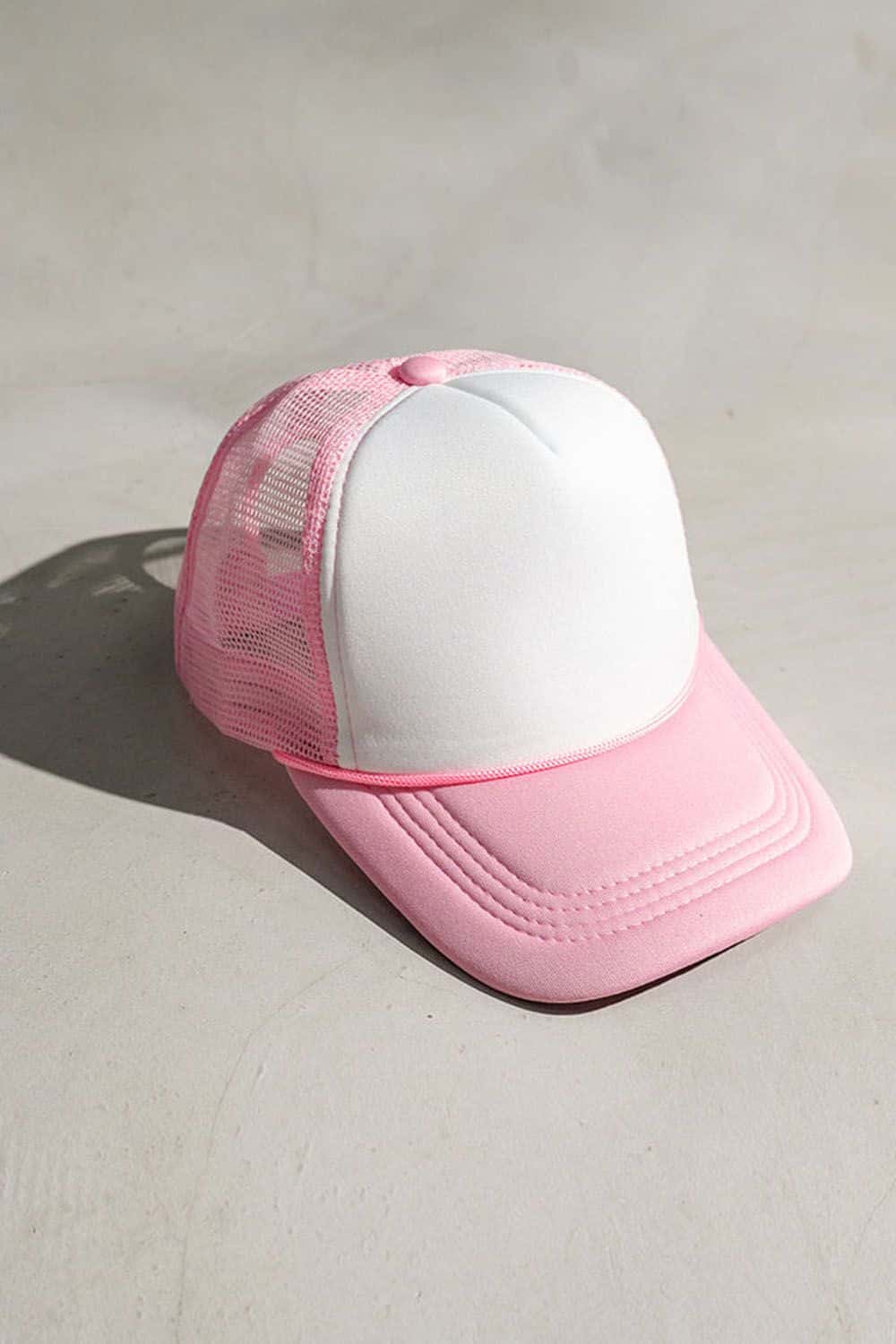 Rope-Trim Panelled Mesh Trucker Cap with Top Button in White And Pink - product detail view