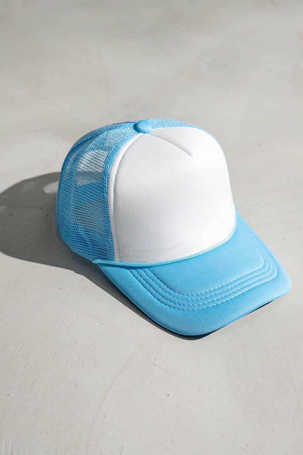 Rope-Trim Panelled Mesh Trucker Cap with Top Button in White And Sky Blue - product detail view
