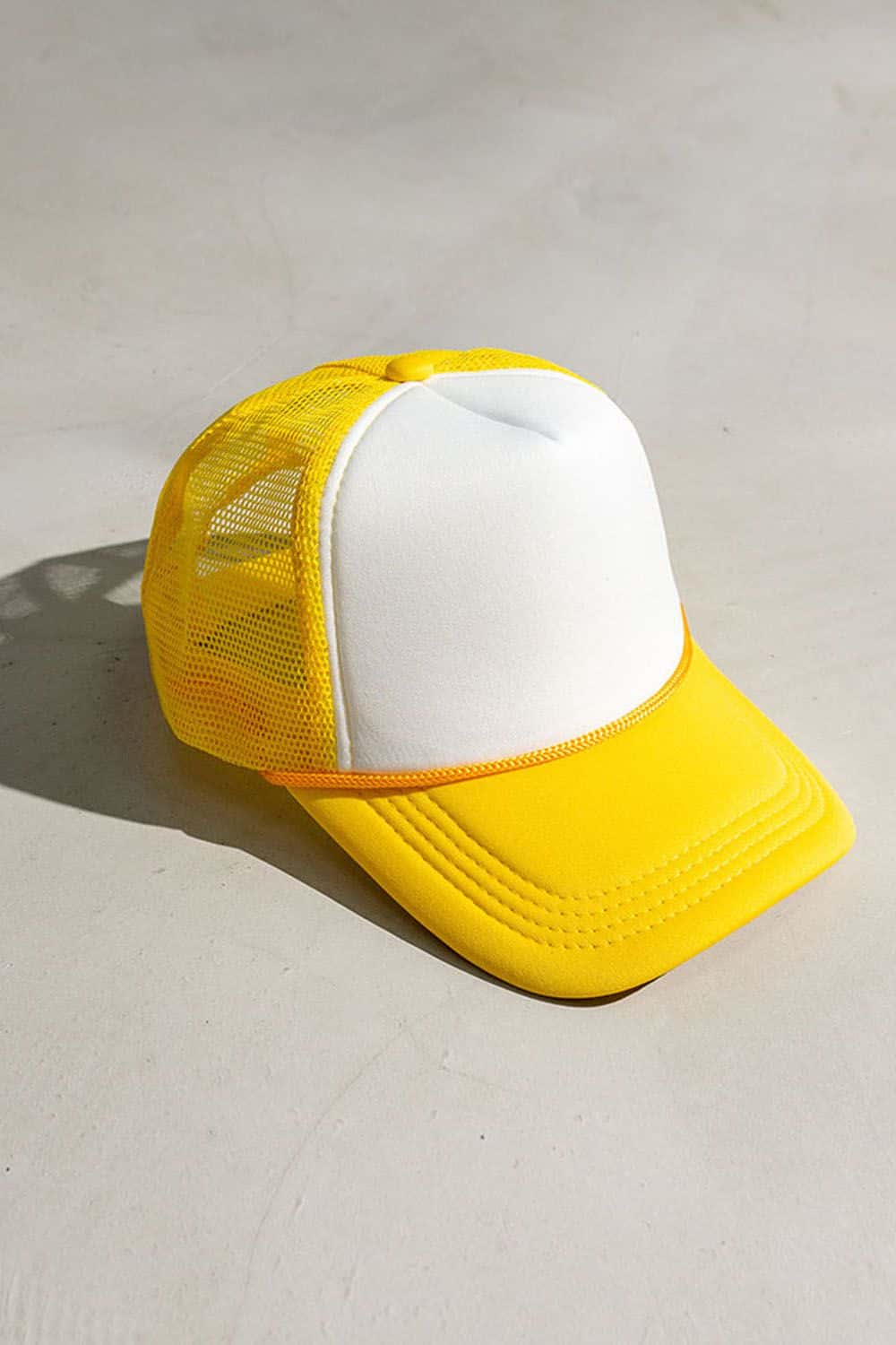 Rope-Trim Panelled Mesh Trucker Cap with Top Button in White And Yellow - product detail view