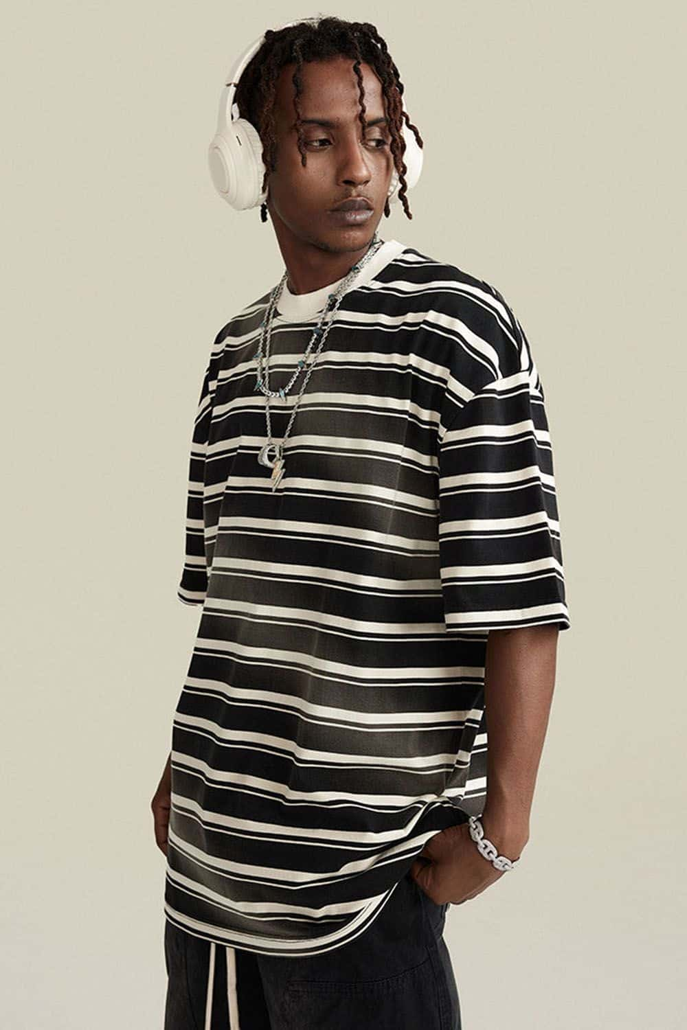 265G Heavyweight Gradient Stripe Color-Block Round-Neck T-Shirt