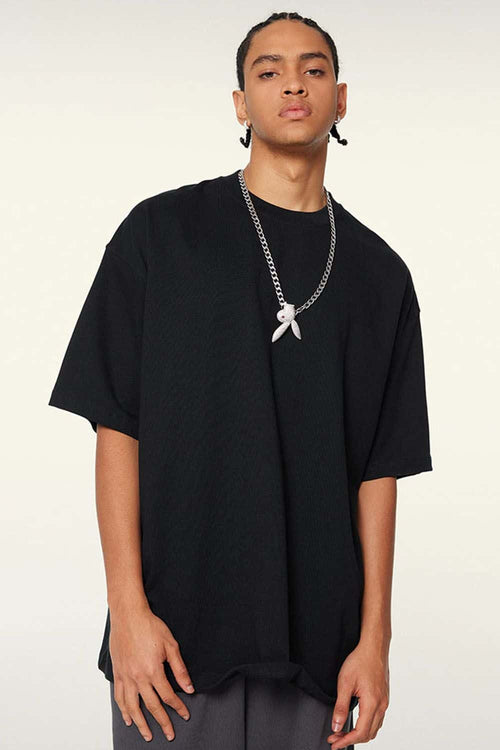Vintage-Wash Heavyweight Cotton Oversized Crew-Neck T-Shirt in Black - front modeled view