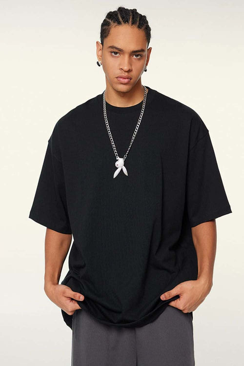 Vintage-Wash Heavyweight Cotton Oversized Crew-Neck T-Shirt in Black - front modeled view