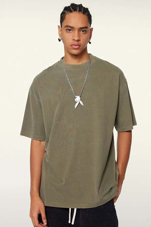 Vintage-Wash Heavyweight Cotton Oversized Crew-Neck T-Shirt in Camel - front modeled view