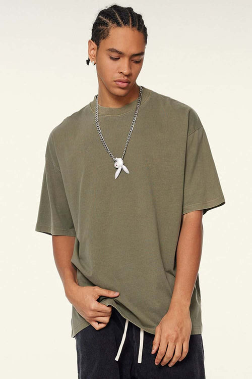 Vintage-Wash Heavyweight Cotton Oversized Crew-Neck T-Shirt in Camel - front modeled view