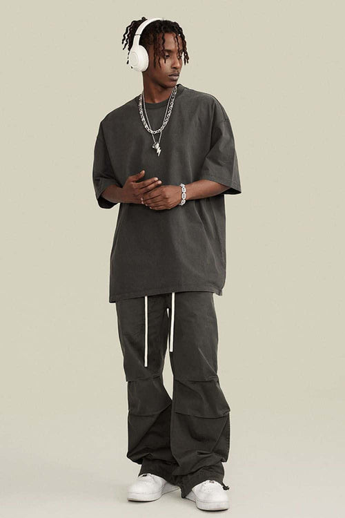 Vintage-Wash Heavyweight Cotton Oversized Crew-Neck T-Shirt in Dark Gray - full-length front modeled view