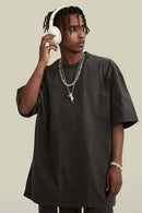 Vintage-Wash Heavyweight Cotton Oversized Crew-Neck T-Shirt in Dark Gray - full-length front modeled view