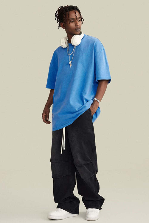 Vintage-Wash Heavyweight Cotton Oversized Crew-Neck T-Shirt in Denim Blue - full-length front modeled view