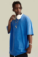 Vintage-Wash Heavyweight Cotton Oversized Crew-Neck T-Shirt in Denim Blue - front modeled view