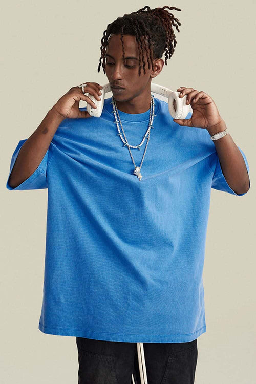 Vintage-Wash Heavyweight Cotton Oversized Crew-Neck T-Shirt in Denim Blue - front modeled view