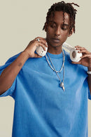 Vintage-Wash Heavyweight Cotton Oversized Crew-Neck T-Shirt in Denim Blue - product detail close-up