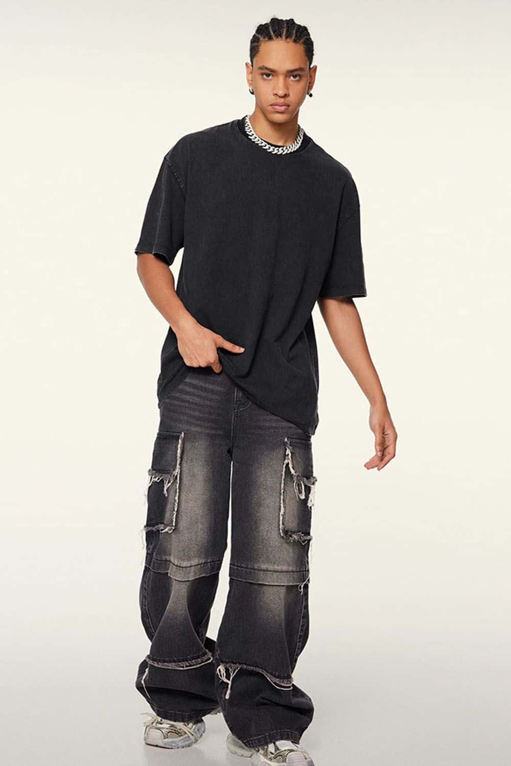 Vintage-Wash Heavyweight Cotton Oversized Crew-Neck T-Shirt in Fried Snowflakes - full-length front modeled view