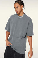 Vintage-Wash Heavyweight Cotton Oversized Crew-Neck T-Shirt in Grayish Blue - front modeled view