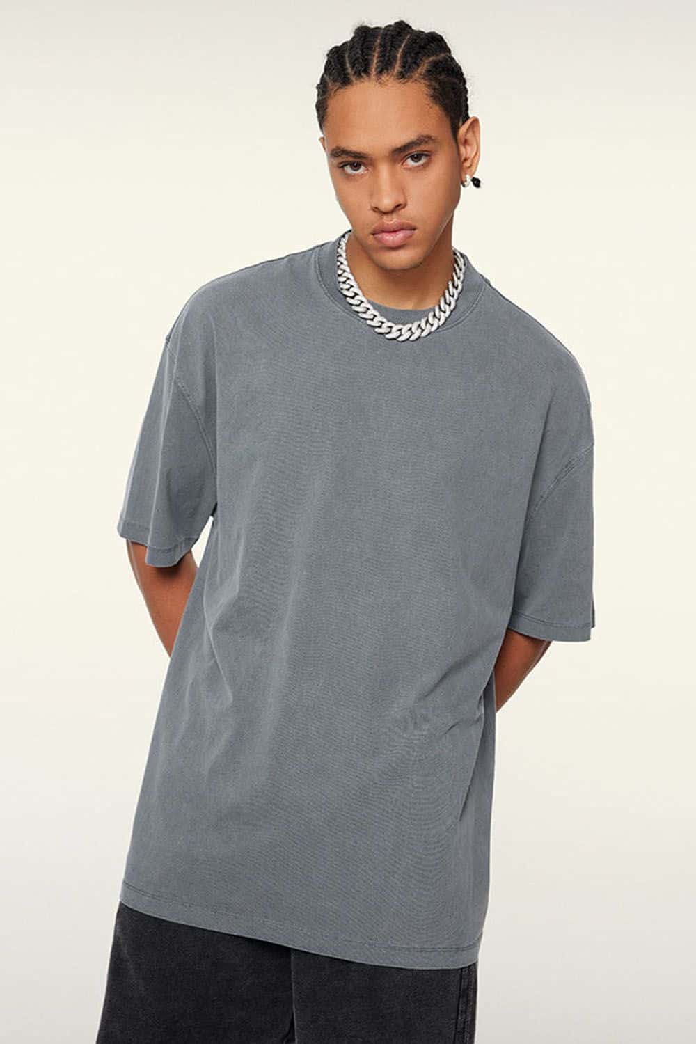 Vintage-Wash Heavyweight Cotton Oversized Crew-Neck T-Shirt in Grayish Blue - front modeled view