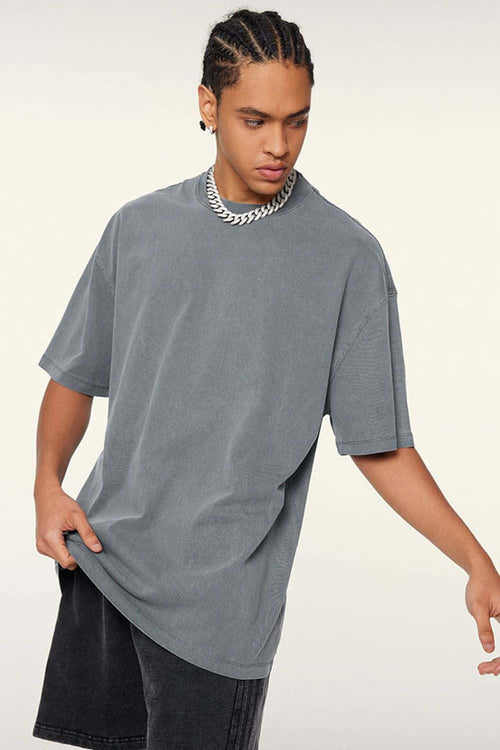 Vintage-Wash Heavyweight Cotton Oversized Crew-Neck T-Shirt in Grayish Blue - front modeled view