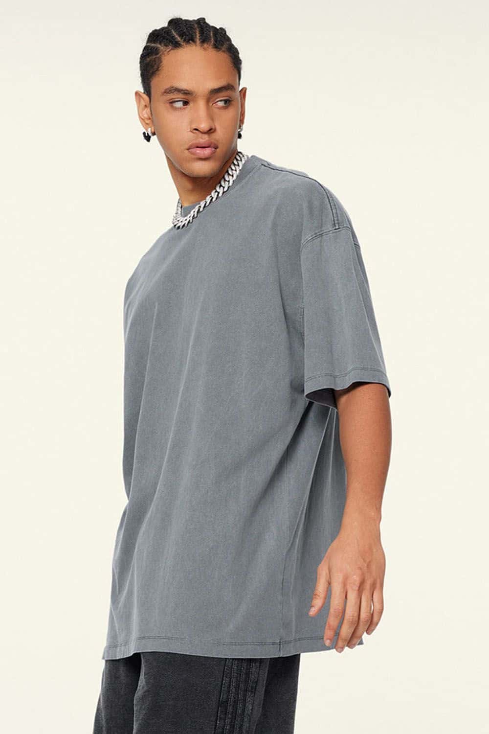 Vintage-Wash Heavyweight Cotton Oversized Crew-Neck T-Shirt in Grayish Blue - front product view