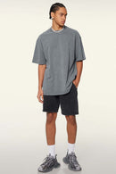 Vintage-Wash Heavyweight Cotton Oversized Crew-Neck T-Shirt in Grayish Blue - full-length front modeled view