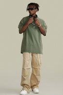 Vintage-Wash Heavyweight Cotton Oversized Crew-Neck T-Shirt in Grayish Green - full-length front modeled view