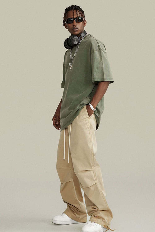 Vintage-Wash Heavyweight Cotton Oversized Crew-Neck T-Shirt in Grayish Green - full-length front modeled view