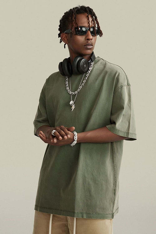 Vintage-Wash Heavyweight Cotton Oversized Crew-Neck T-Shirt in Grayish Green - front modeled view