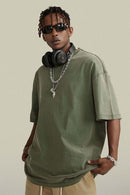 Vintage-Wash Heavyweight Cotton Oversized Crew-Neck T-Shirt in Grayish Green - front modeled view