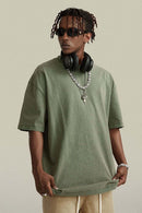 Vintage-Wash Heavyweight Cotton Oversized Crew-Neck T-Shirt in Grayish Green - front modeled view