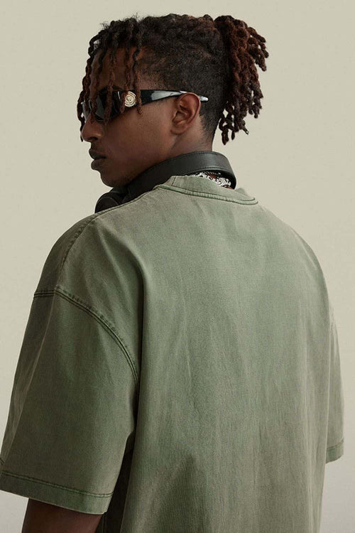 Vintage-Wash Heavyweight Cotton Oversized Crew-Neck T-Shirt in Grayish Green - back product view