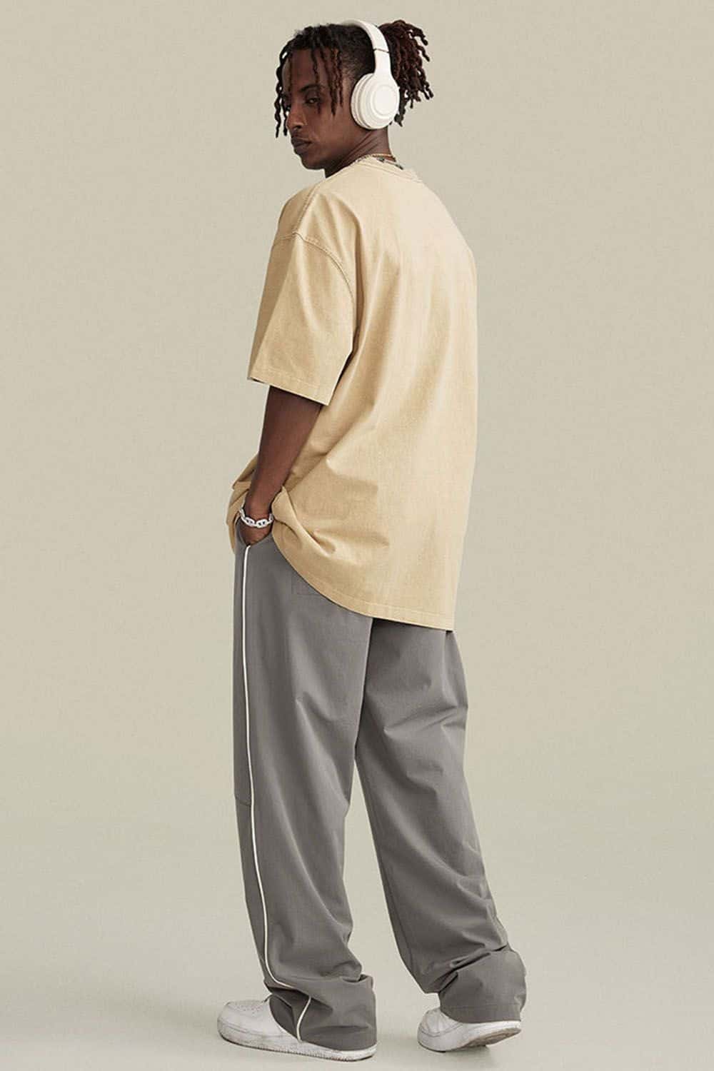 Vintage-Wash Heavyweight Cotton Oversized Crew-Neck T-Shirt in Khaki - full-length back modeled view