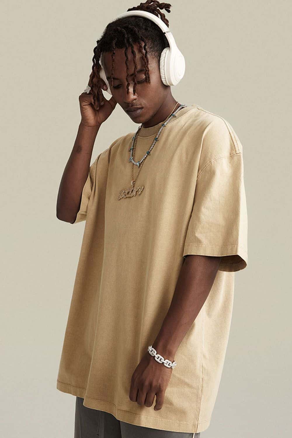 Vintage-Wash Heavyweight Cotton Oversized Crew-Neck T-Shirt in Khaki - front product view