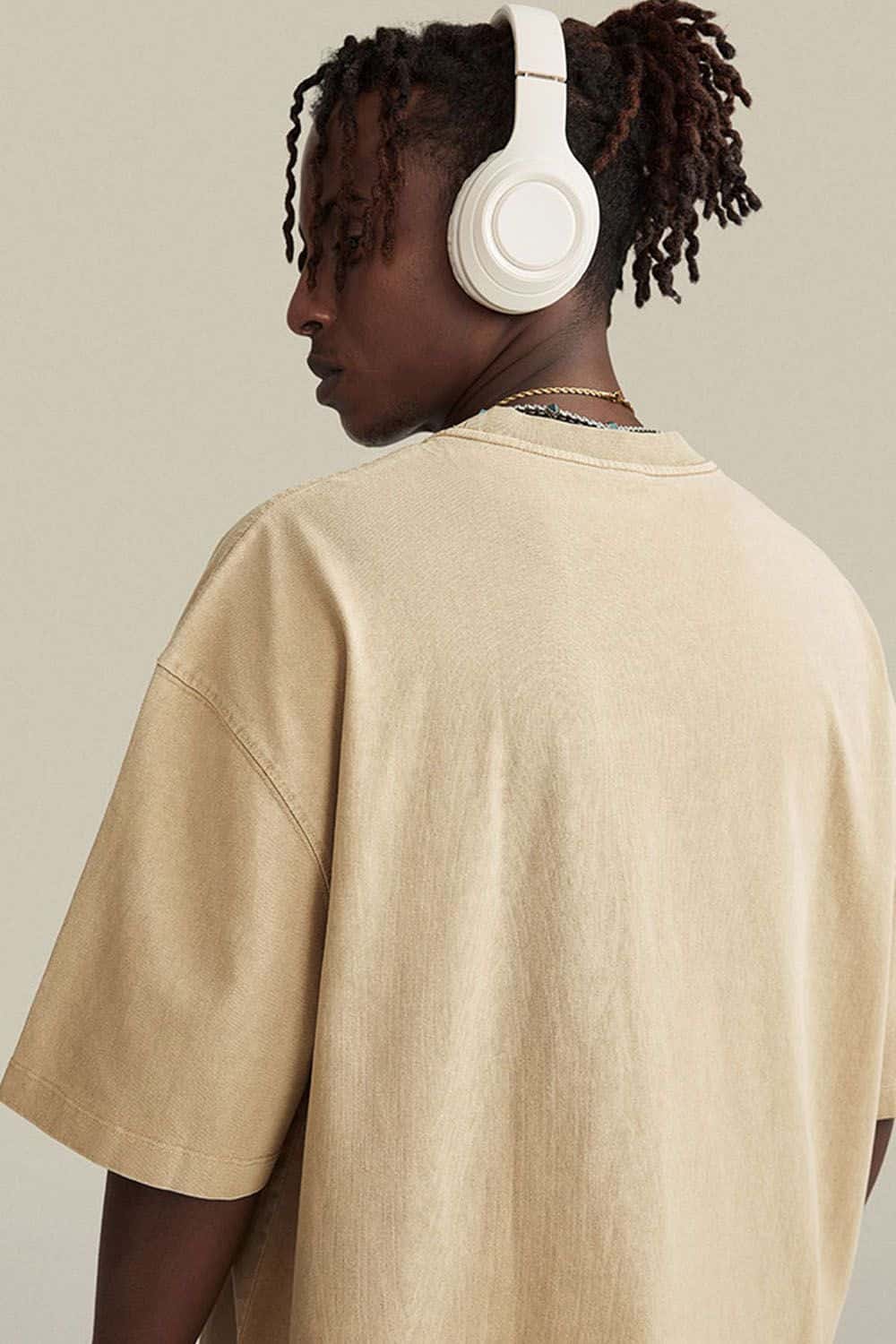 Vintage-Wash Heavyweight Cotton Oversized Crew-Neck T-Shirt in Khaki - front modeled view