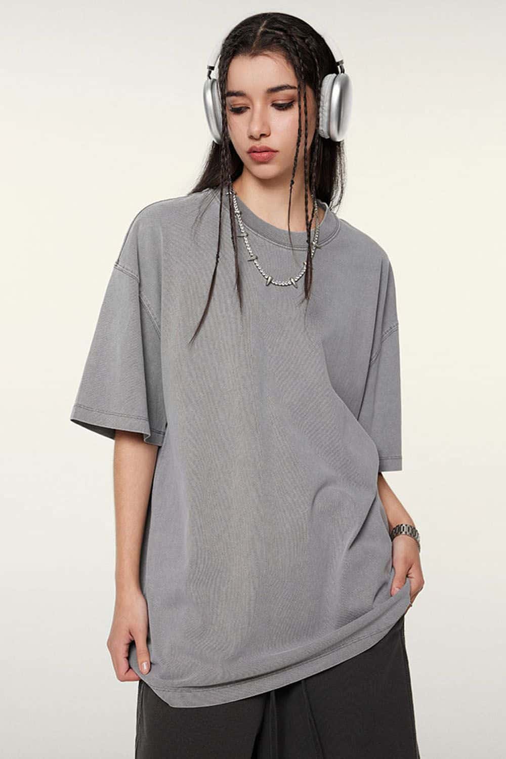 Vintage-Wash Heavyweight Cotton Oversized Crew-Neck T-Shirt in Medium Gray - front product view