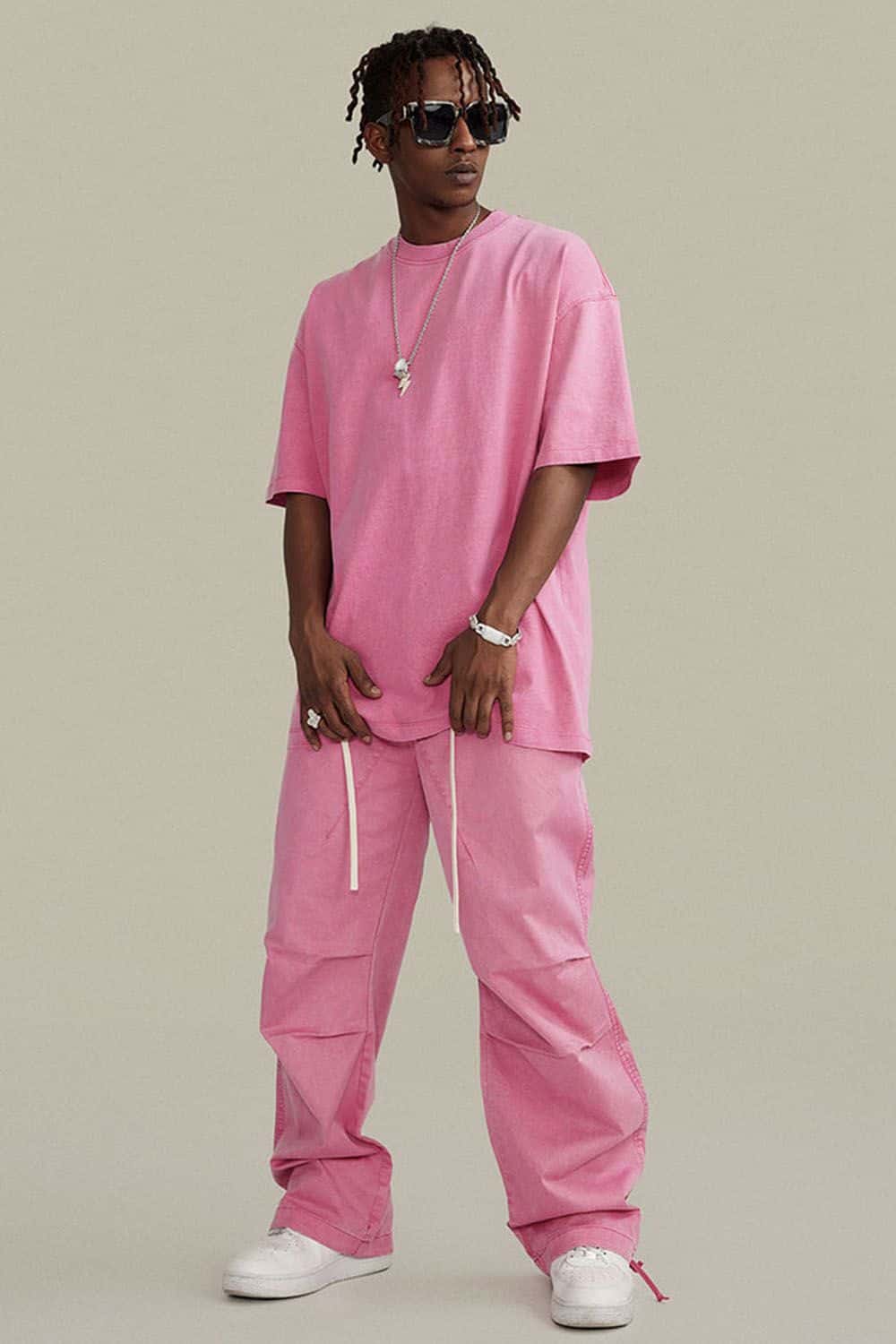 Vintage-Wash Heavyweight Cotton Oversized Crew-Neck T-Shirt in Rose Pink - full-length front modeled view