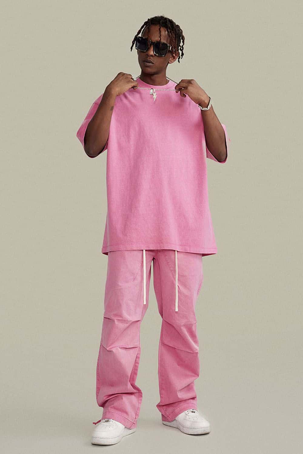 Vintage-Wash Heavyweight Cotton Oversized Crew-Neck T-Shirt in Rose Pink - full-length front modeled view