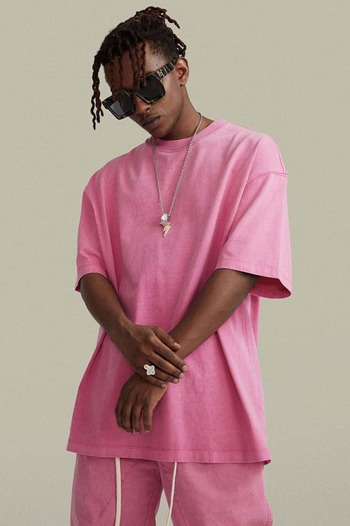 Vintage-Wash Heavyweight Cotton Oversized Crew-Neck T-Shirt in Rose Pink - full-length front modeled view