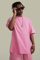 Vintage-Wash Heavyweight Cotton Oversized Crew-Neck T-Shirt in Rose Pink - front modeled view
