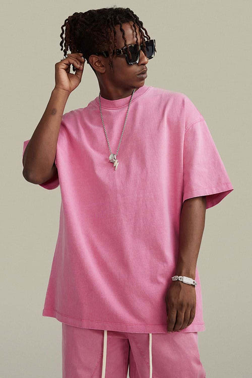 Vintage-Wash Heavyweight Cotton Oversized Crew-Neck T-Shirt in Rose Pink - front modeled view