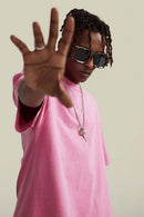 Vintage-Wash Heavyweight Cotton Oversized Crew-Neck T-Shirt in Rose Pink - front modeled view