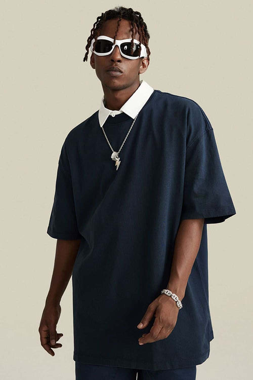 Vintage-Wash Heavyweight Cotton Oversized Crew-Neck T-Shirt in Royal Blue - front modeled view