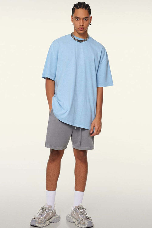 Vintage-Wash Heavyweight Cotton Oversized Crew-Neck T-Shirt in Sky Blue - full-length front modeled view