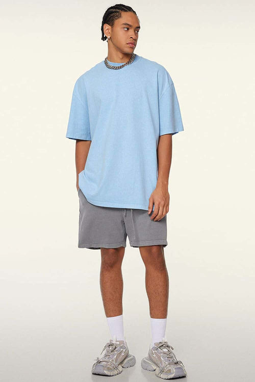 Vintage-Wash Heavyweight Cotton Oversized Crew-Neck T-Shirt in Sky Blue - front product view