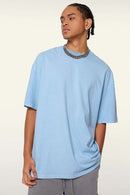 Vintage-Wash Heavyweight Cotton Oversized Crew-Neck T-Shirt in Sky Blue - product detail close-up
