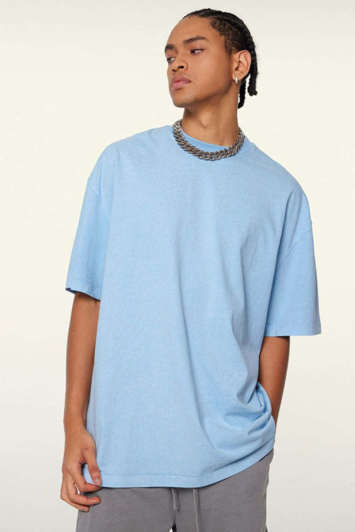 Vintage-Wash Heavyweight Cotton Oversized Crew-Neck T-Shirt in Sky Blue - product detail close-up