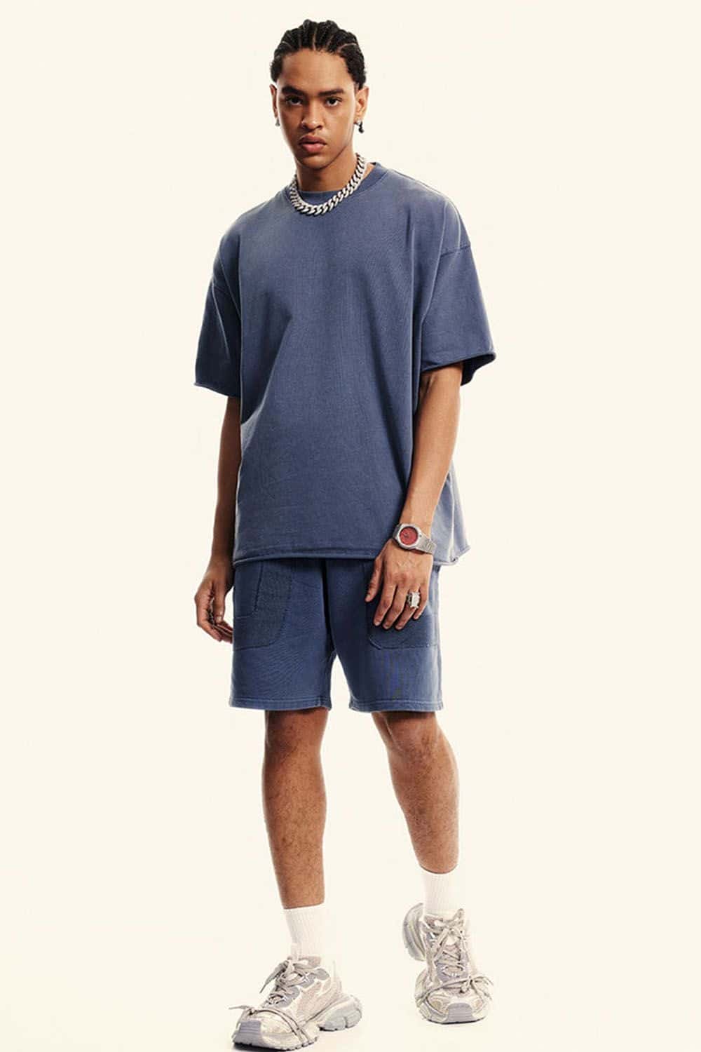 Washed Raw-Edge Heavyweight Cotton T-Shirt in Blueish Gray - full-length front modeled view