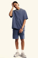 Washed Raw-Edge Heavyweight Cotton T-Shirt in Blueish Gray - full-length front modeled view