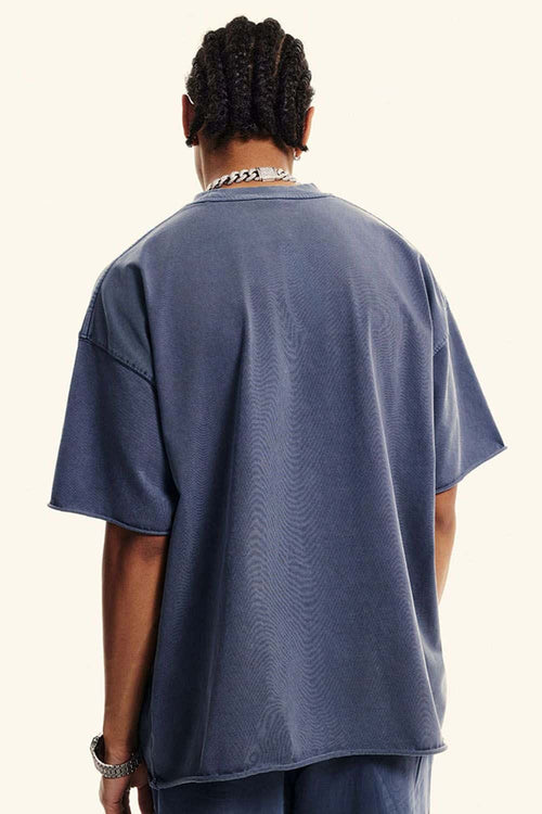 Washed Raw-Edge Heavyweight Cotton T-Shirt in Blueish Gray - back modeled close-up
