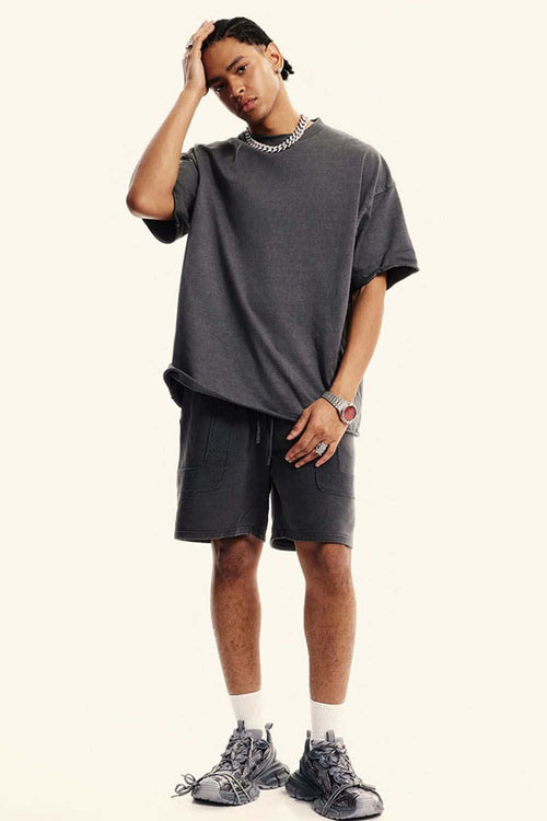 Washed Raw-Edge Heavyweight Cotton T-Shirt in Dark Gray - full-length front modeled view
