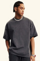 Washed Raw-Edge Heavyweight Cotton T-Shirt in Dark Gray - three-quarter front modeled view