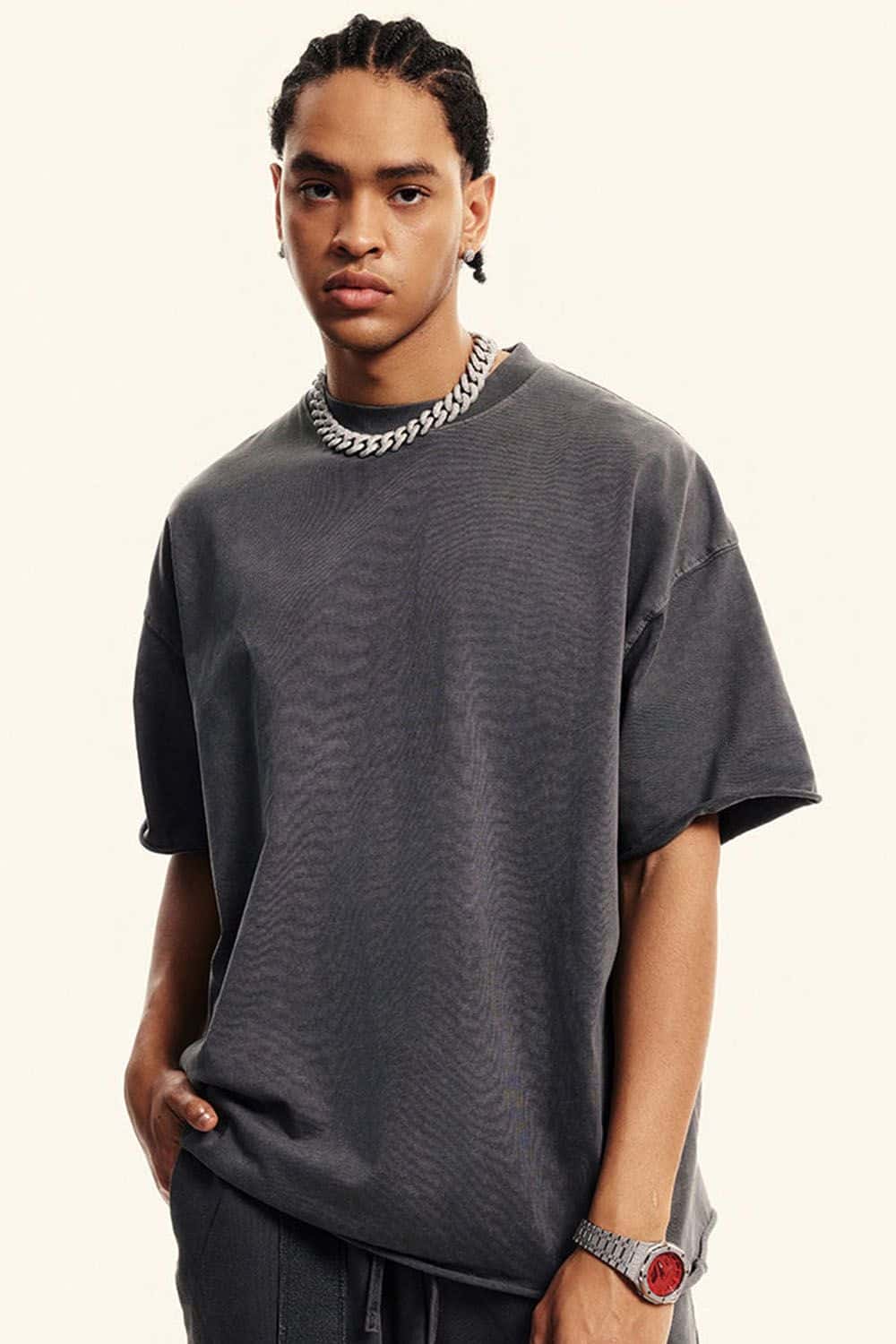Washed Raw-Edge Heavyweight Cotton T-Shirt in Dark Gray - three-quarter front modeled view