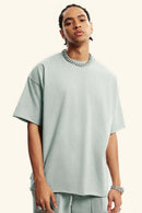 Washed Raw-Edge Heavyweight Cotton T-Shirt in Light Gray - front modeled close-up